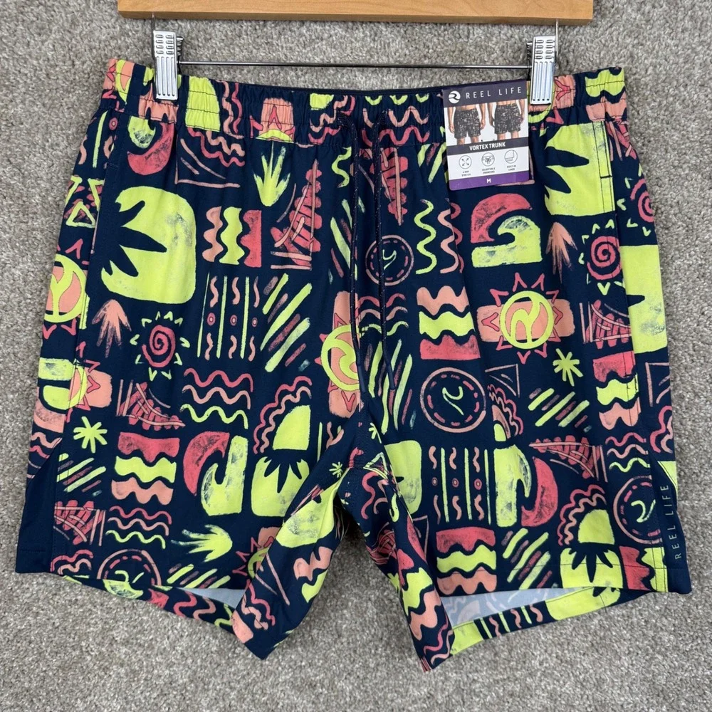 Reel Life Mens Vortex Trunk Swim Shorts Navy Highroglyphs Print‎ Medium NEW